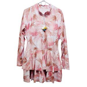 UniqueBella Womens Long Sleeve Ruffle Hem Swim Dress  Pink Leaf Print Size 2XL